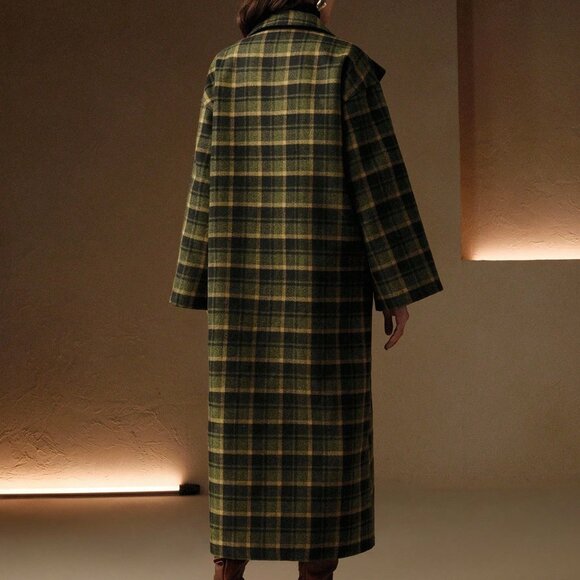 Green Casual Women's Elegant Classic Patchwork High Collar Plaid Tweed Coat - Picture 2 of 7